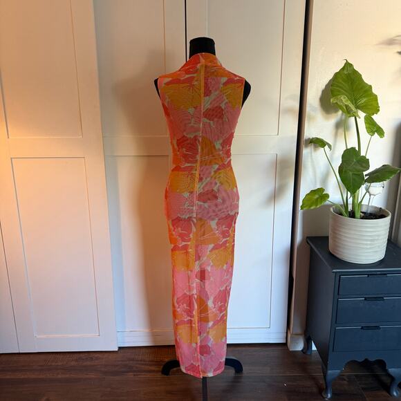 Tropical Coral Pink Orange Sheer High Neck Body Con Dress - s - Picture 4 of 6